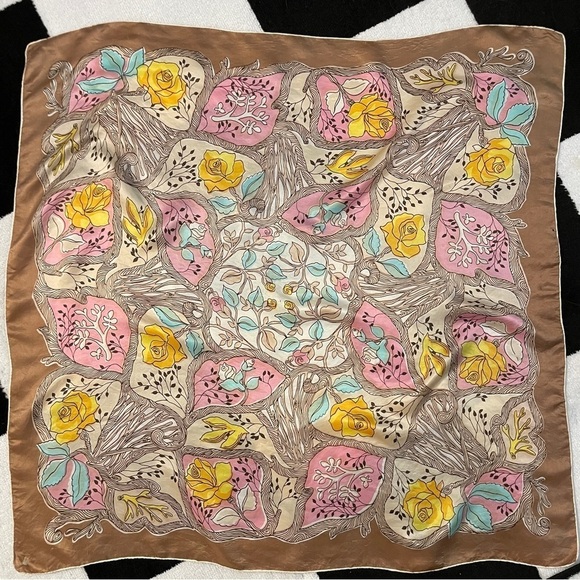Silky Square Scarf with Yellow Roses & Twiggy Floral Vine Pattern - Picture 1 of 11